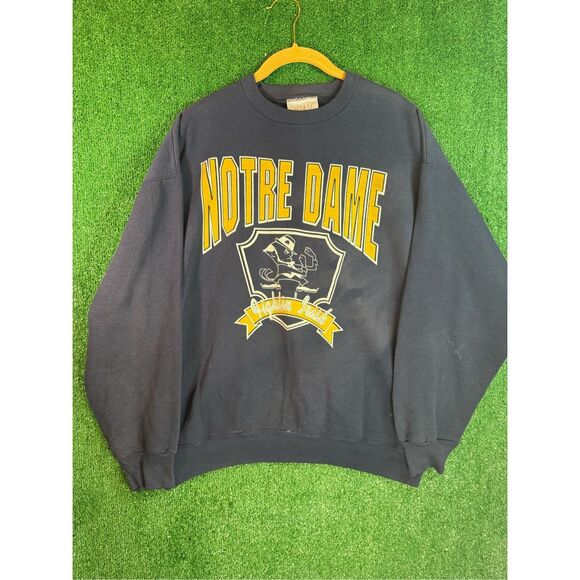 XL - Vintage 1990s Notre Dame University Irish Navy Yellow Sweatshirt Crewneck - Picture 1 of 10